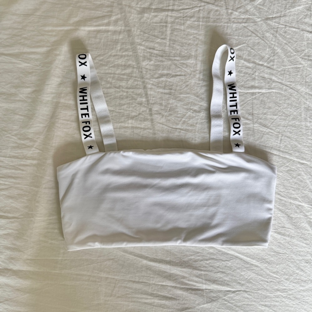 White fox - white bralette with black font on straps
